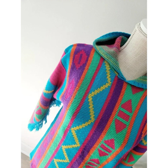JJ Poole Vintage 80s 90s Aztec Southwestern Hooded Frayed Pullover Sweater XS S - Picture 3 of 12